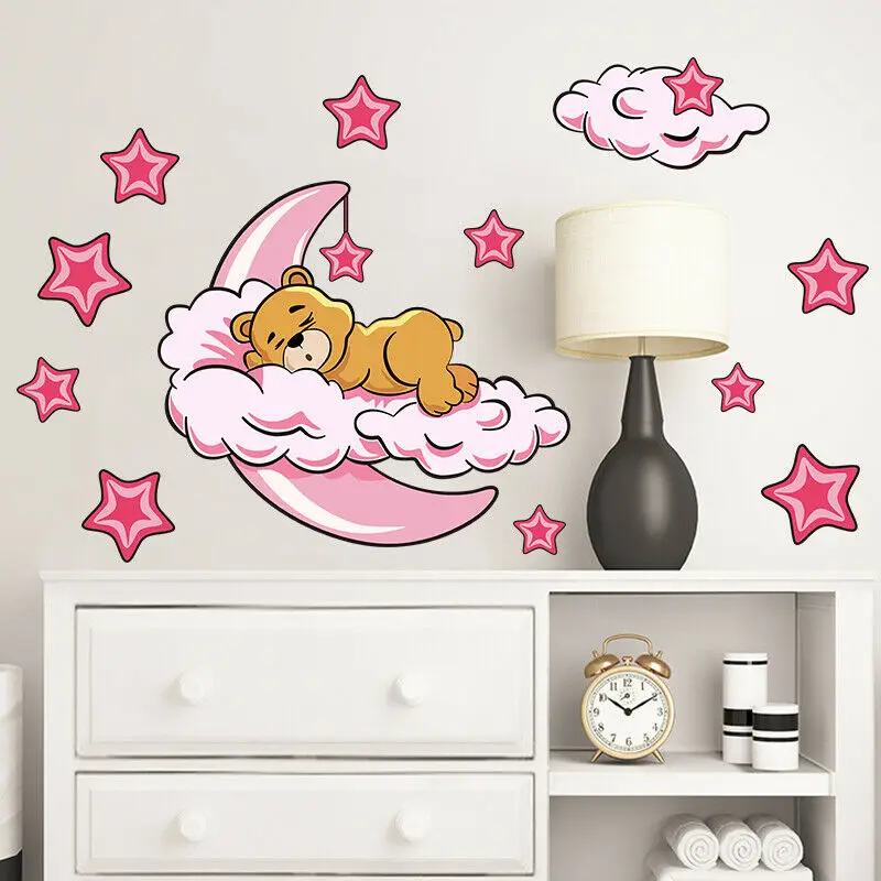 

Bear Sleeping on the MOON and CLOUD wall sticker STARS DECAL Baby Room Kids Room Decoration Bedroom Decro