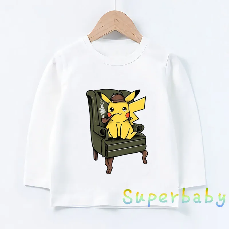 Детская футболка с принтом «Pokemon Go Detective Pikachu» Забавные топы с рисунком для маленьких мальчиков и девочек, детская футболка с длинными рукавами LKP5290