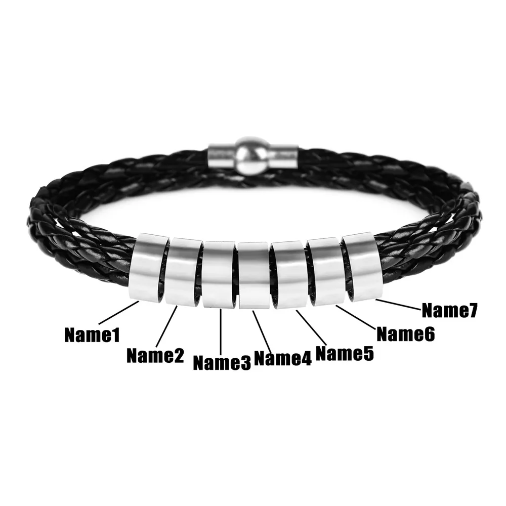Personalized Jewelry Women Mens Stainless Steel Charm Bracelets Genuine Leather Braided Rope Custom With 1-9 Names Beads Gift