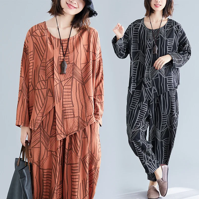 

Autumn New Style Loose And Plus-sized Casual Slimming Printed Shirt + Harem Pants Two-Piece Set