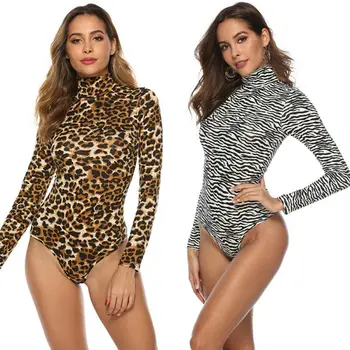 

Sexy Female Bodysuits Women's Snake Skin Long Sleeve High Neck Bodysuits Long Sleeve High Leg Rompers High Cut Leotard Tops