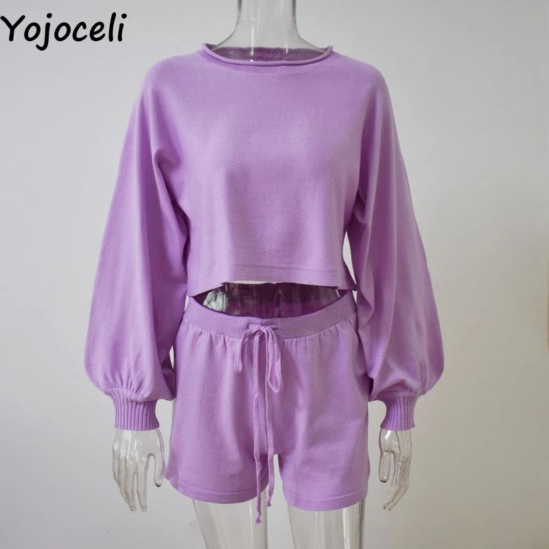  - Yojoceli Cool elegant loose women sweater playsuit Autumn 2 pieces set short jumpsuit romper Knitted o neck rompers