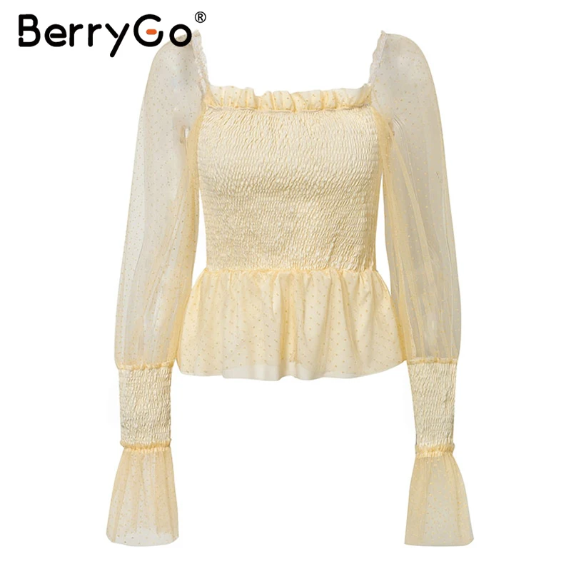 BerryGo Сетчатое платье-фонарь, рукав, узор в горошек, блузка для женщин, шифон, пэчворк, женские топы, открытая спина, высокая талия, плиссированные Женские топы, рубашки - Color: Yellow