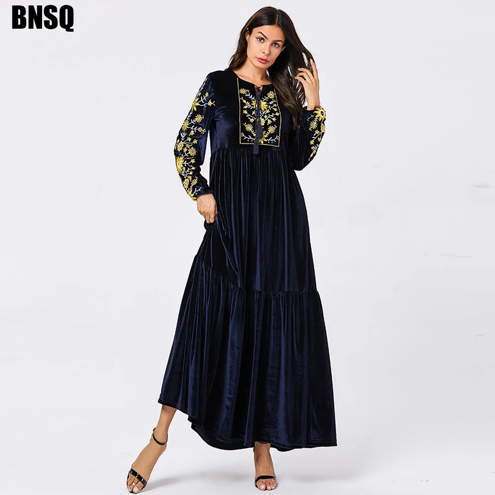 navy velvet Платья с вышивкой BNSQ женский мусульманский свободный однотонный халат abaya исламский, Арабский Кафтан одежда Восточный халат из марокена Турция - Цвет: navy velvet