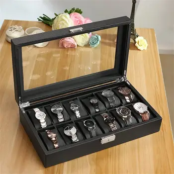 

Black High-Grade 12 Slots Luxury Jewelry Display Watch Box Storage Holder Large Glass Window Top Organizer