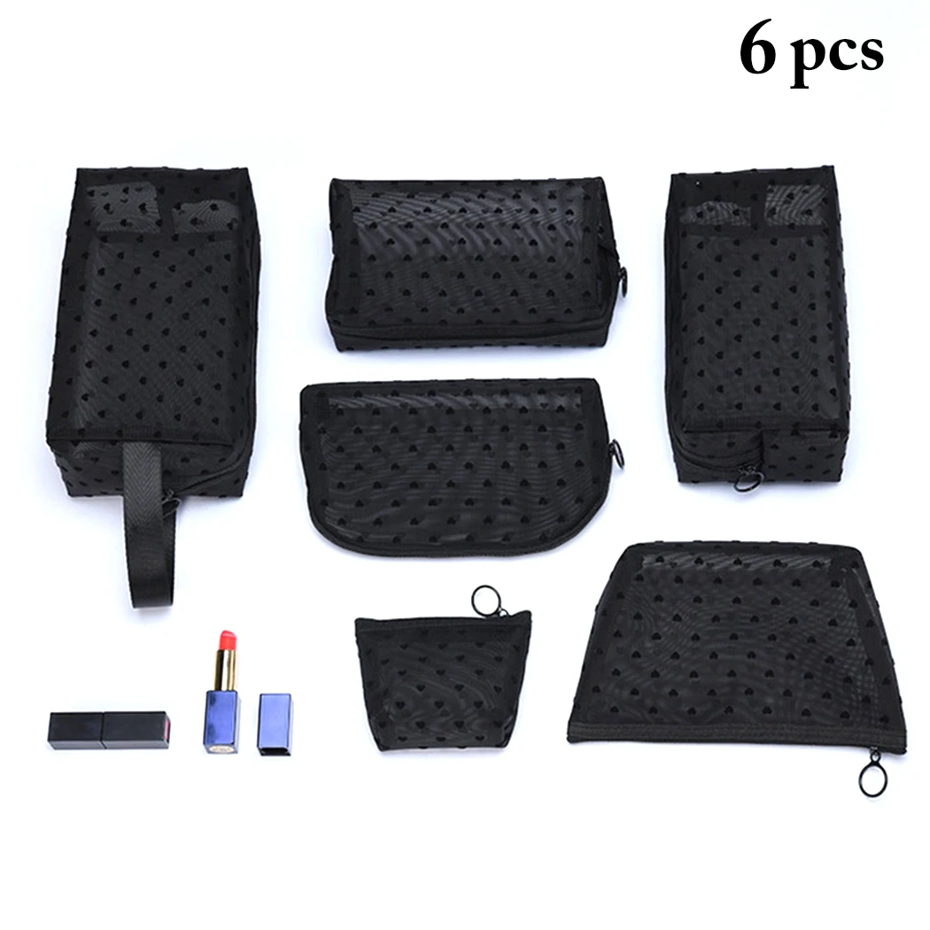 

6PCS Women Cosmetic Bag Black Mesh Makeup Bag Set Multifunctional Portable Mesh Zipper Organizer Storage Pouch 
