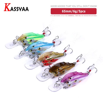 

5pcs Trolling Fishing Group Hard Crankbaits 65mm6g #6 Feather Fishhooks Artificial 3DBionic Wholesale Sea Bass Pike Fishing Lure