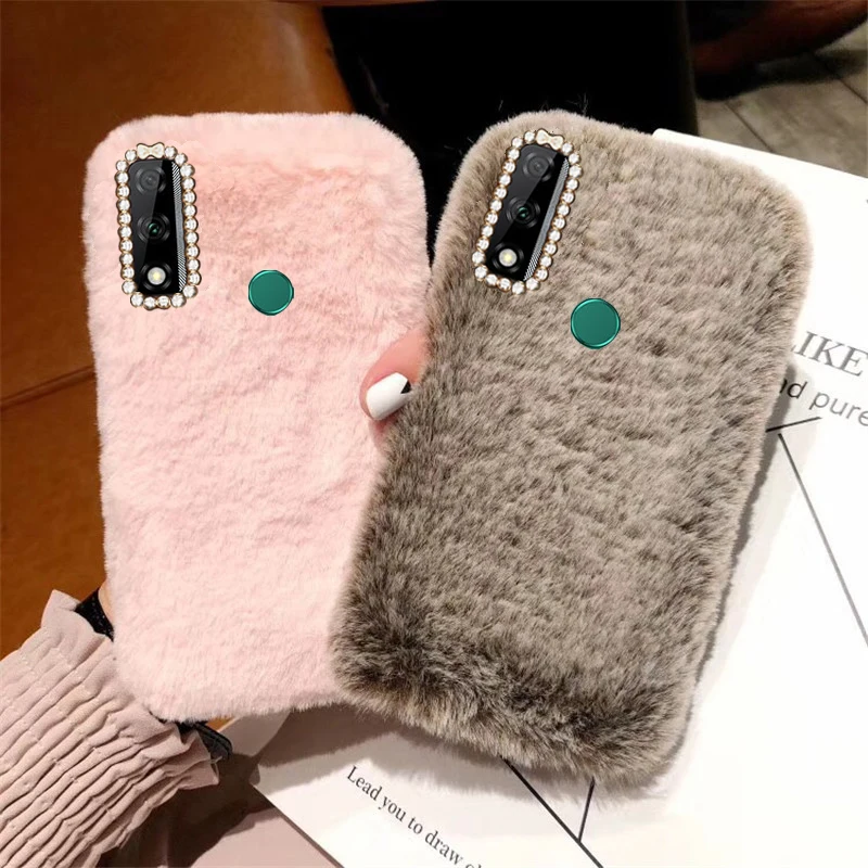 

HuaWei Y8S Case Winter Keep Warm Fashion Plush Rabbit Shiny diamond Silicone shockproof Back Cover For HuaWei Y8S Phone Case