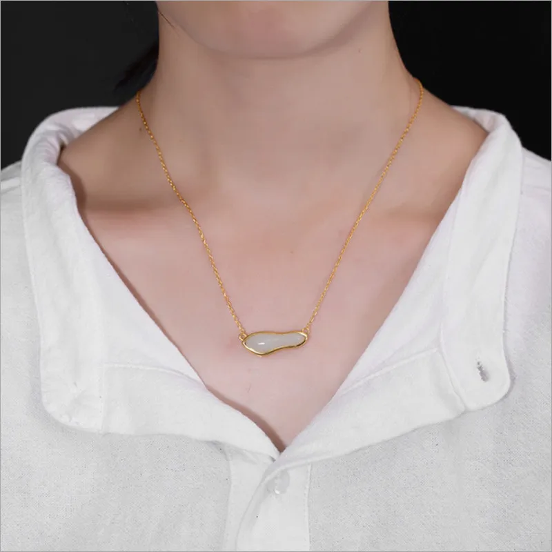 Женские Подвески «арахис» из бесглиняных драгоценных камней ручной работы, позолоченные чокеры из серебра 925 пробы+ цепочки, ювелирные изделия из нефрита, P763