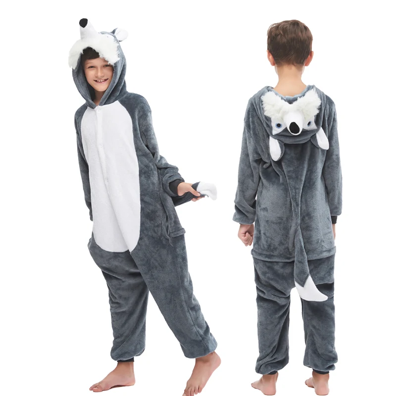 Детская Пижама кигуруми с динозаврами для мальчиков и девочек; Пижама с единорогом; комбинезон; детская одежда для сна с животными; Косплей - Color: Wolf