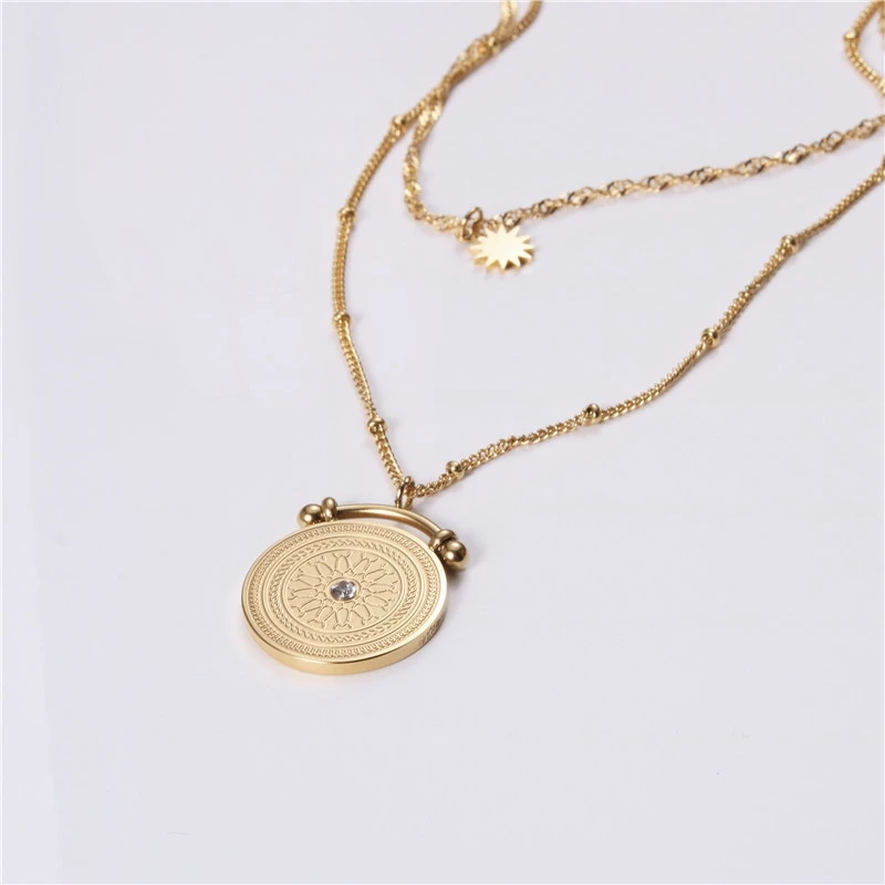 

United States titanium steel round double necklace female minority design network red gold retro multi-layer chain