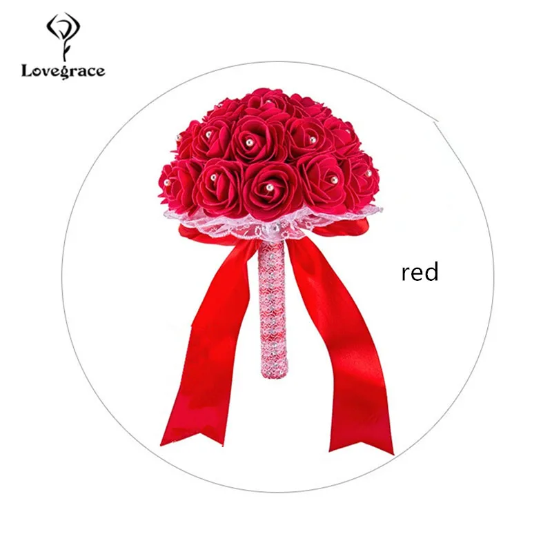 red Lovegrace Свадебный букет невесты держащий цветок Искусственные из ПЭ розы поддельный букет с жемчугом синий свадебный поставка - Цвет: red