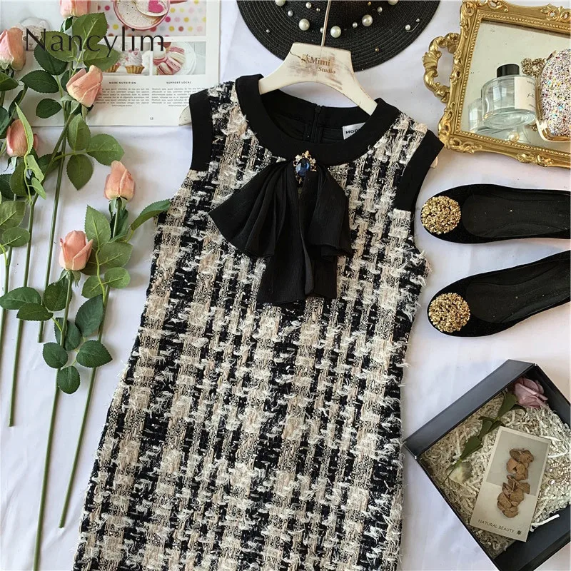 

Tweed Dress Women's Dresses French Retro Romantic Temperament Small Fragrance Water Drill Bow Thousand Bird Plaid Bow Dress