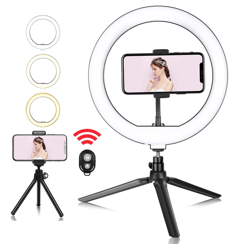 Anneau Lumineux LED Avec Trépied Et Support Téléphone - 10 Niveaux De Luminosité, 3 Couleurs, Télécommande Incluse