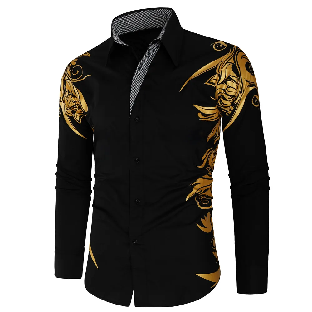 Брендовая мужская рубашка корейская мода золото Дракон печатных длинный рукав платье рубашка Slim Fit Хлопок формальная одежда рубашка Homme - Цвет: Black Shirt Men