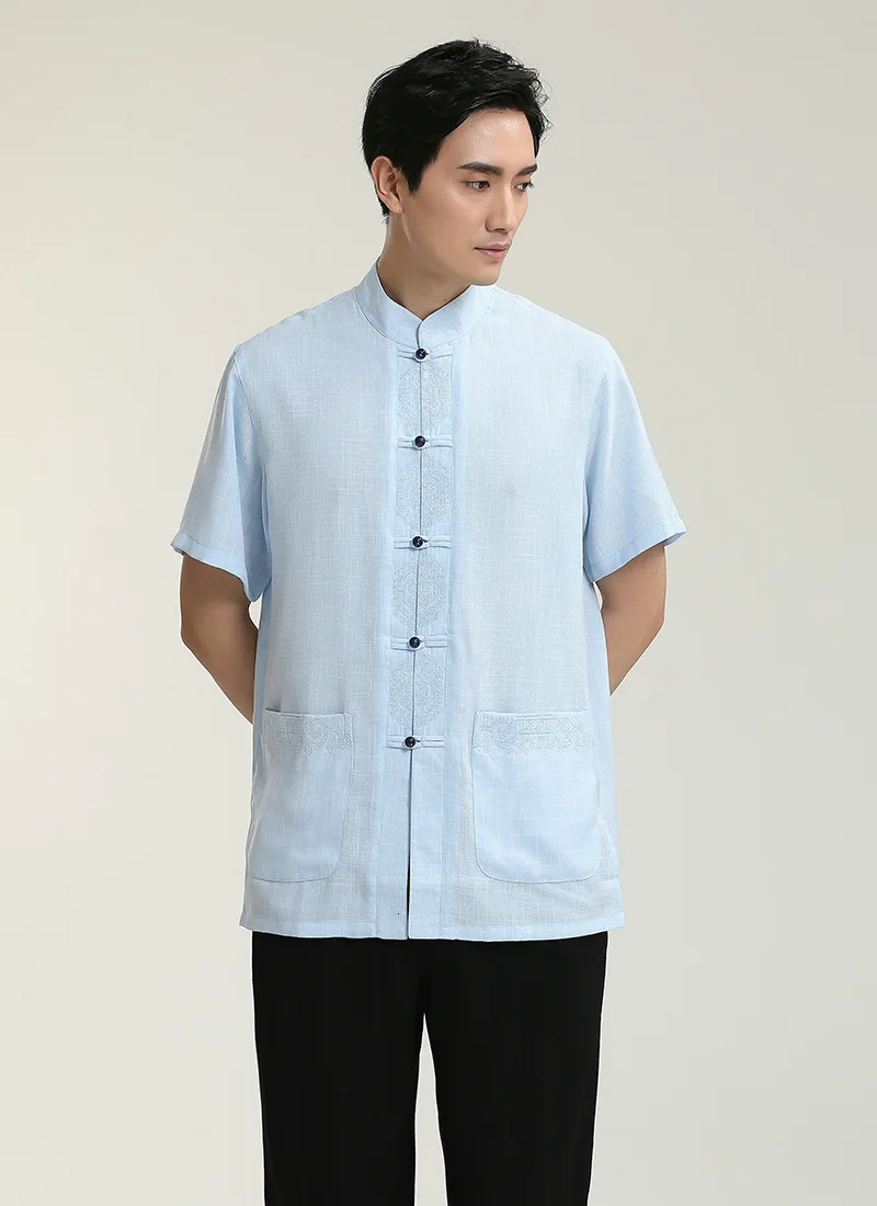 Мужская рубашка в китайском стиле из хлопка и льна с коротким рукавом и стоячим воротником, винтажные повседневные мужские рубашки, Китайская традиционная одежда для мужчин - Цвет: Blue
