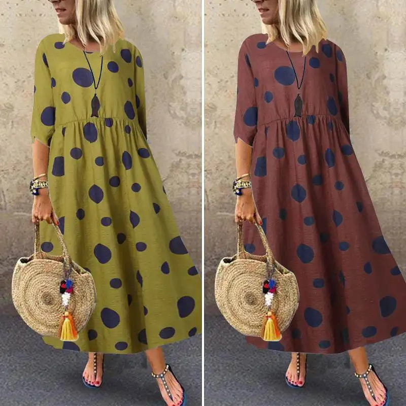 

Women's Sundress ZANZEA Stylish Polka Summer Printed Dress Casual Half Sleeve Maxi Vestidos Female Pleated Robe Plus Size 5XL