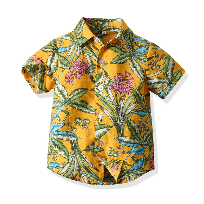 Chollius3 Pezzi Completo Estivo Bambino Set Camicia Manica Corta Stampa Hawaiana Floreale+Maglietta Tinta Unita+Pantaloncini da Spiaggia Mare Vacanze Marca 