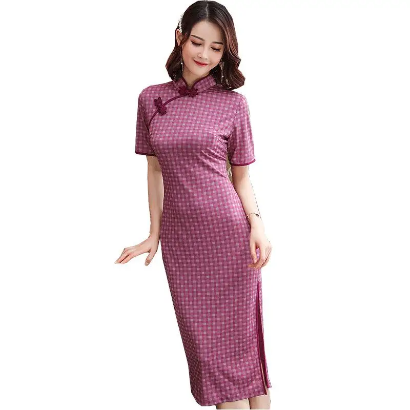 Cheongsam новые женские платья с коротким рукавом и стоячим воротником, длинное тонкое элегантное платье с вышивкой - Цвет: Фиолетовый