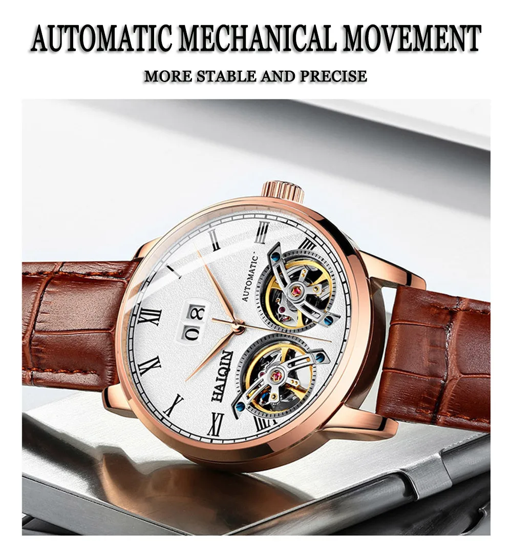 HAIQIN Men Mechanical Automatic Double Tourbillon Calendar Stainless Steel Wrist Watches Top Brand Luxury Military Male Clock