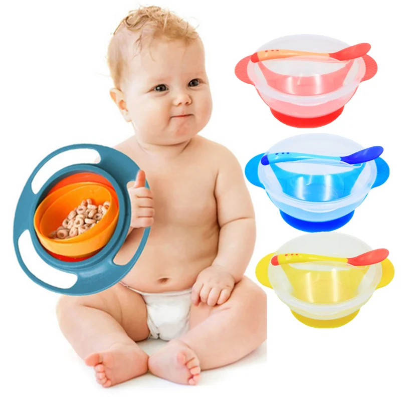 Children's Tableware Universal Gyro Bowl Baby Learning Dishes With Suction Cup Temperature Sensing Spoon Baby Feeding Bowl