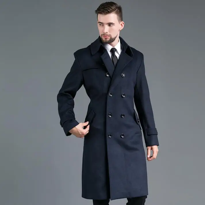 Часы Повседневная двубортная Мужская шерстяная куртка Тренч пальто с длинными рукавами мужское кашемировое пальто casaco Англия - Цвет: Синий