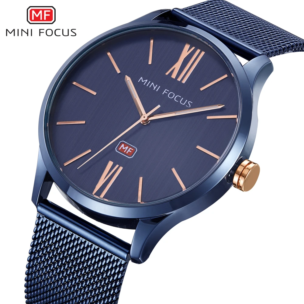 MINIFOCUS кварцевые мужские часы из нержавеющей стали с сетчатым ремешком Мужские