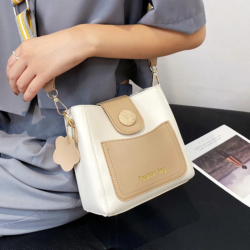 Wide Shoulder Strap Bucket Bags For Women Contrast Color Square