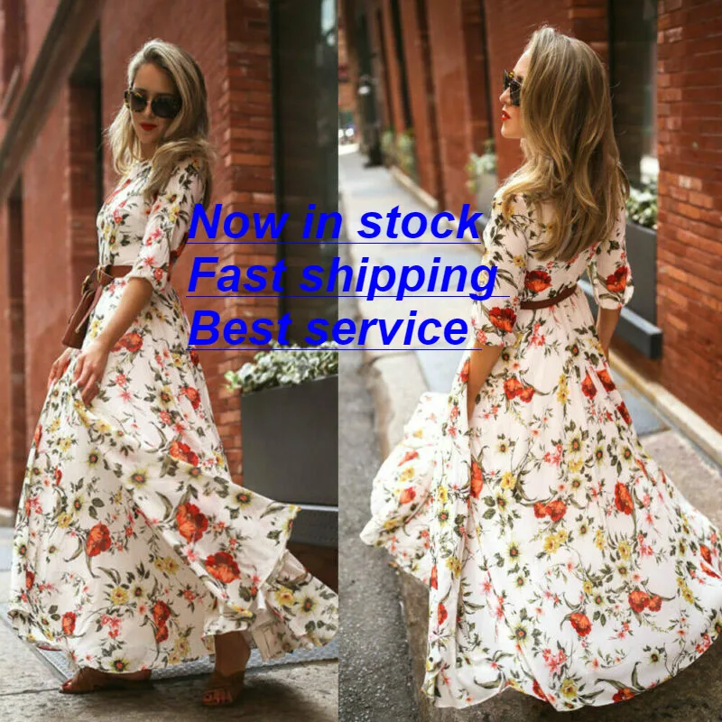 

New Women Boho Floral Maxi Dress Summer Fresh Long Sleeve Draped Gwons Dresses Lady Chic Holiday Party Dress Shein Vestidos