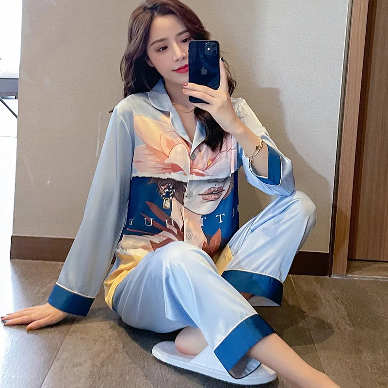 

Satin Pajamas Set Women Printed Sleepwear With Toursers Rayon Summer Pyjamas Long Sleeve Home Wear Ice Silk Loungewear Suits