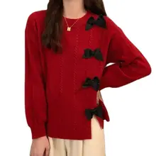 

Korean Women Sweater Chic Casual Oversized Knitted Pullover Vintage Sweet Long Sleeve Tops 2021 Winter Bow Pull Jumpers Femme