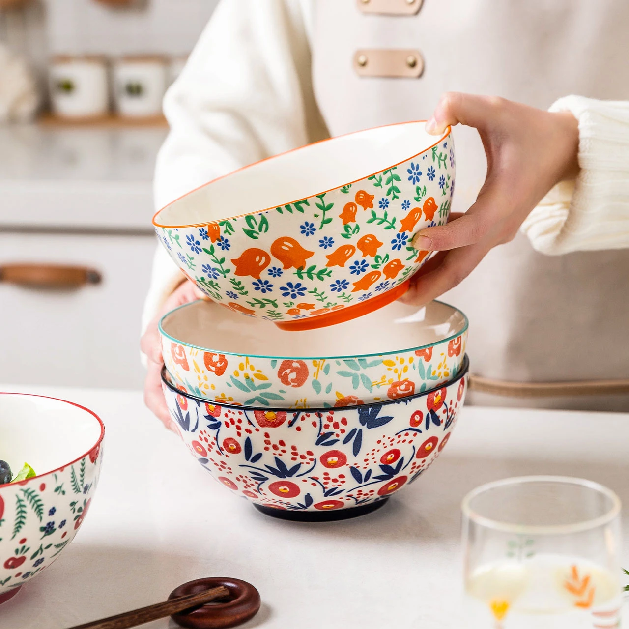 1pc 7inch Japanese Ceramic Noodle Bowl Flower Design Large Soup Bowls  Restaurant Rice Bowl Kitchen Tableware|Bowls| - AliExpress