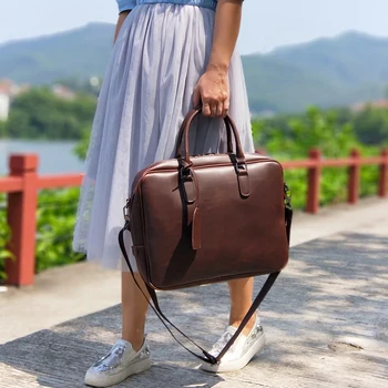 

Vintage Simple Style Bag Horizontal Literary Women Leather Handbag Big 14" Laptop Bag Dress OL Fashion Casual Briefcase