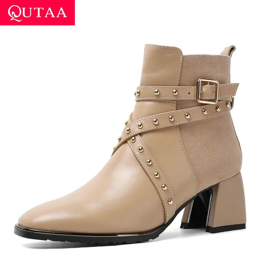 

QUTAA 2020 Retro Square Toe Square Heel Buckle Zipper Ankle Boots Rivet Patchwork Cow Leather Kid Suede Women Shoes Size 34-43