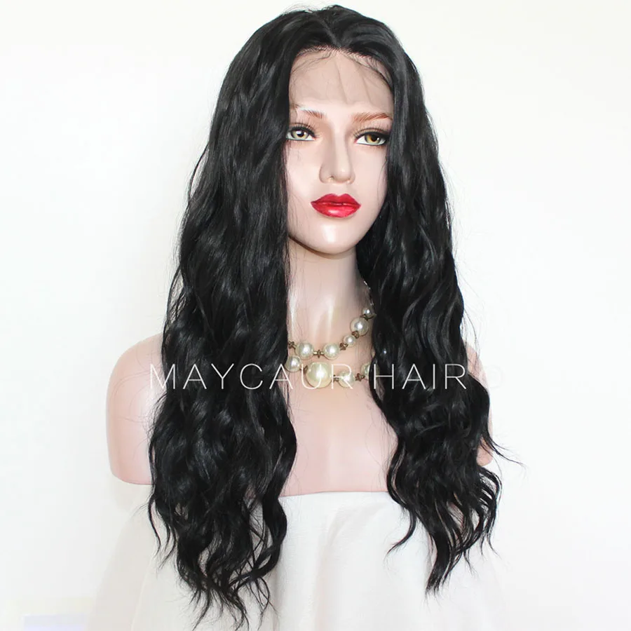 Maycaur Long Wavy Lace Front Wigs Black Color Synthetic Wigs for Black Women Half Hand Tied Heat Resistant Fiber Hair (1)