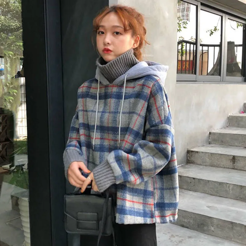 

Winter Thick Women Hoodies Sweatshirt Hooded Pullover Korean Loose Casual Sweatshirt Plaid Turtleneck Long Sleeve Sweet Tops