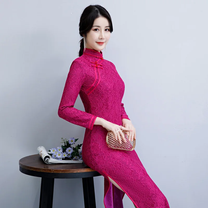 Китайское элегантное вечернее платье ручной работы с пуговицами Qipao, тонкое длинное Qipao, большие размеры, M-4XL, сексуальное кружевное Чонсам с высоким разрезом