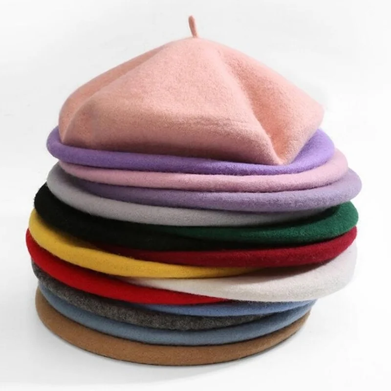 Французский стиль, однотонная Повседневная винтажная женская шапка, берет, простая шапка, для девушек, шерсть, Теплые Зимние береты, шапки бини, Femme Aldult cap s