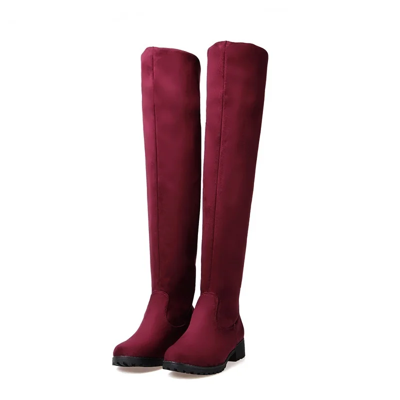 classic autumn winter boots woman fashion skinny stretch classic women's sexy black red blue over the knee high boots big size - Цвет: wine red