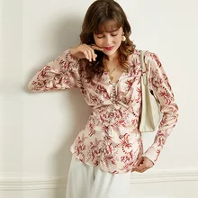 Женская блузка из 100% шелка повседневный стиль с принтом v