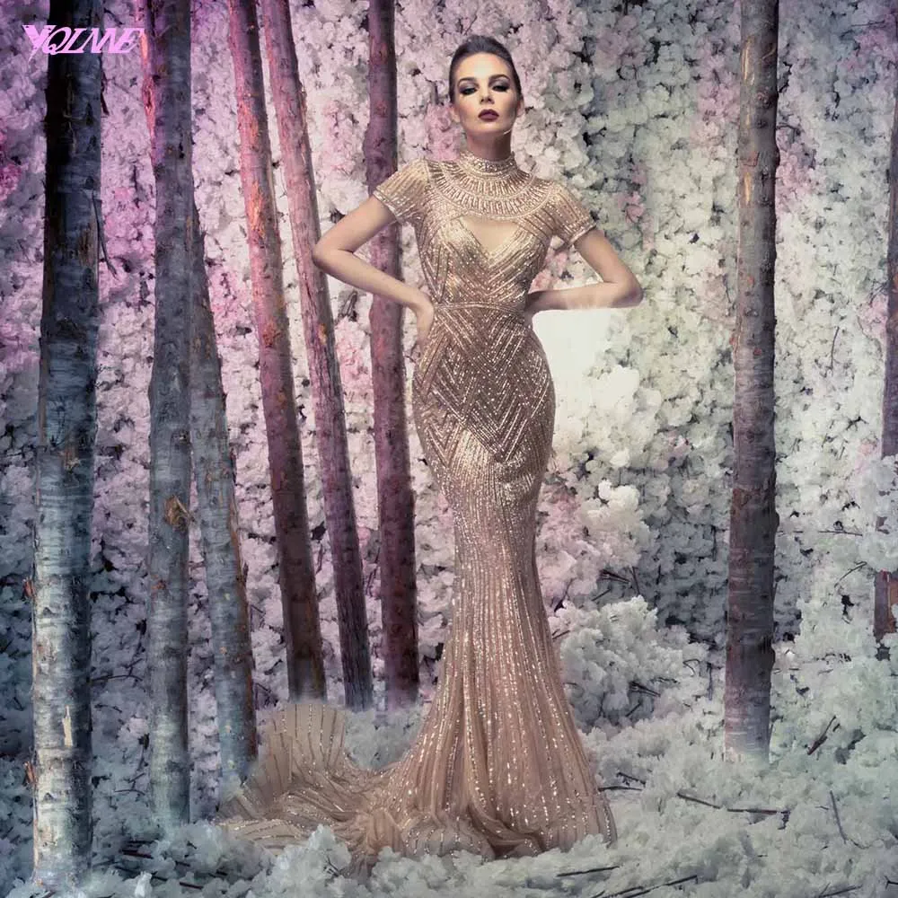 

YQLNNE Luxury Rose Gold Crystal Short Sleeve Evening Dresses Long Mermaid High Neck Formal Dress Robe De Soiree