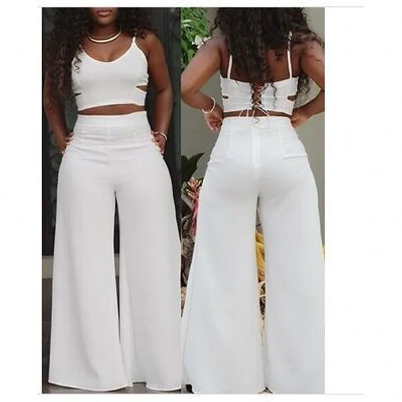 Sexy Ladies Suit White Backless Wrapped Chest Strap Top + Wide-Leg Pants Two-Piece Suit 2021 Summer Slim Casual Women