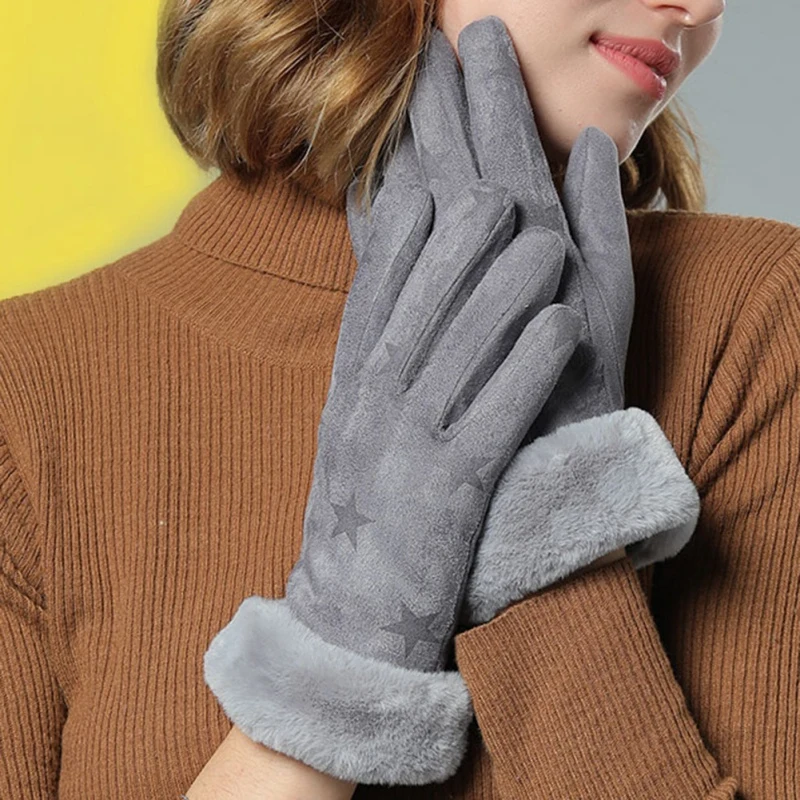 

Winter Female Warm Cashmere Three Ribs Cute Solid Star Print Mittens Double thick Plush Wrist Women Touch Screen Driving Gloves