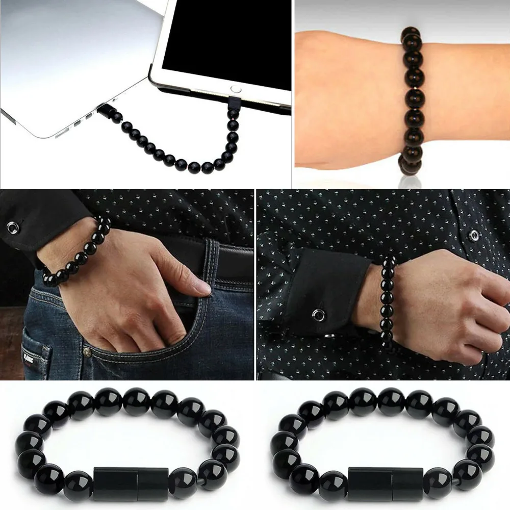 Wearable Bracelet Charger Cable Data Charging Jewelry Beads Wrist Band Outdoor Portable Sync Cord For iPhone Micro USB Type C