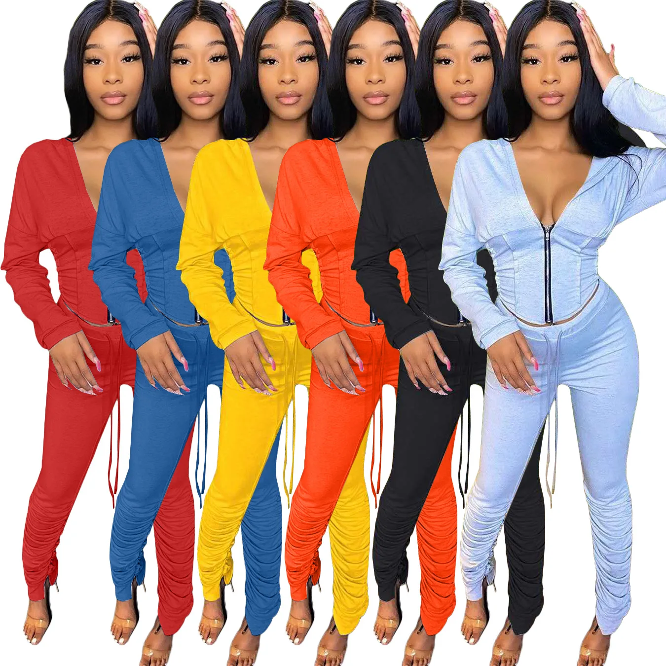 Lounge Wear Tracksuit Woman Zipper V Neck Long Sleeve Corset Hoodies Sweatsuit + Slit Flare Stacked Ruched Pants Two Piece Set |