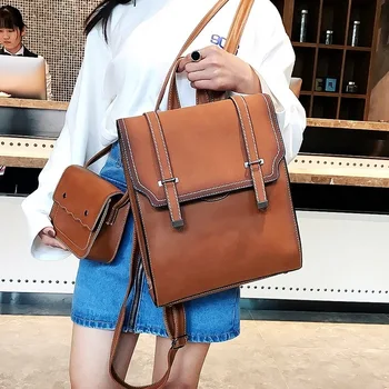 

2pcs Set Retro Women PU Leather Backpack Preppy Style School Backpack for Teenager Girls Vintage Shoulder Bags Sac A Dos Mochila