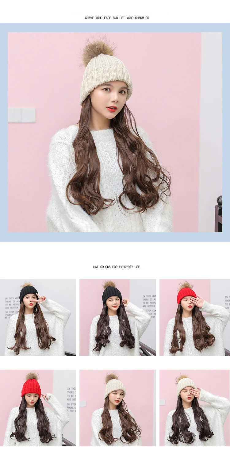 Модные зимние шляпы для женщин Skullies Beanies вязаная шапка парик все-в-одном парик шляпа капот