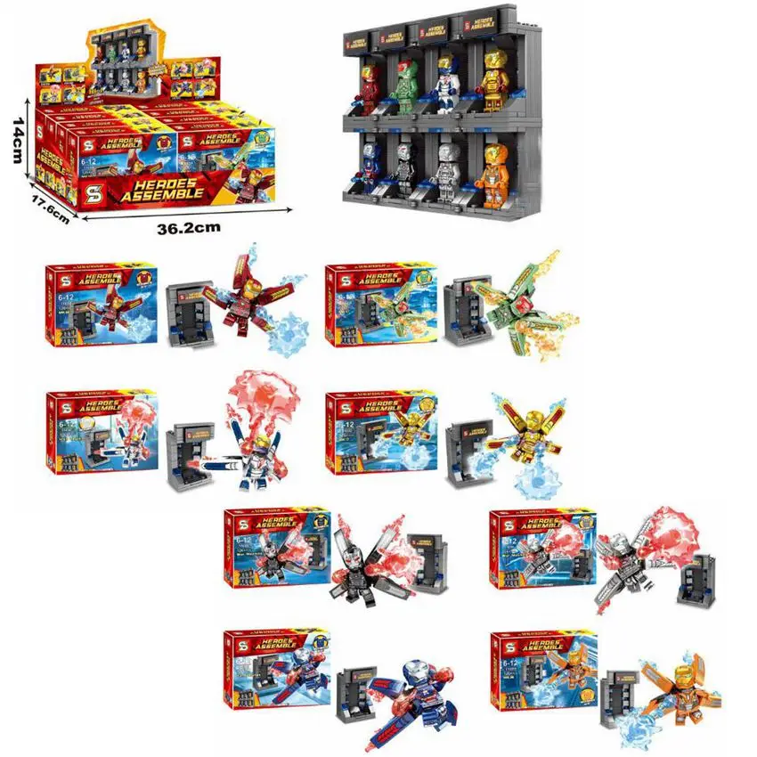 

8pcs/set Legoings Action Avengers Iron Man With Show Room Building Blocks Tony Stark Toy Bricks Marvel Figure Toys For Kids Gift