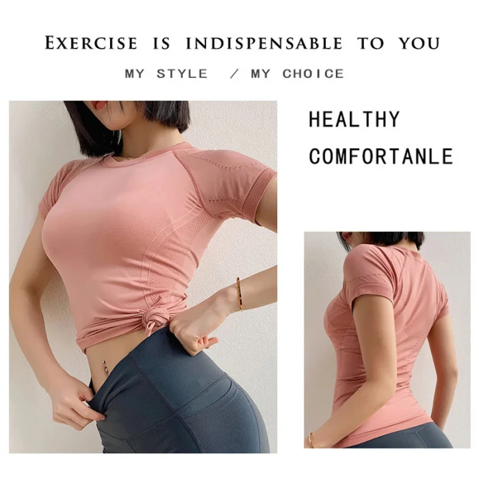 Hot Selling Women Tops Solid Color Breathable Slim Fit Quick Dry Yoga Short Sleeve T-shirt
