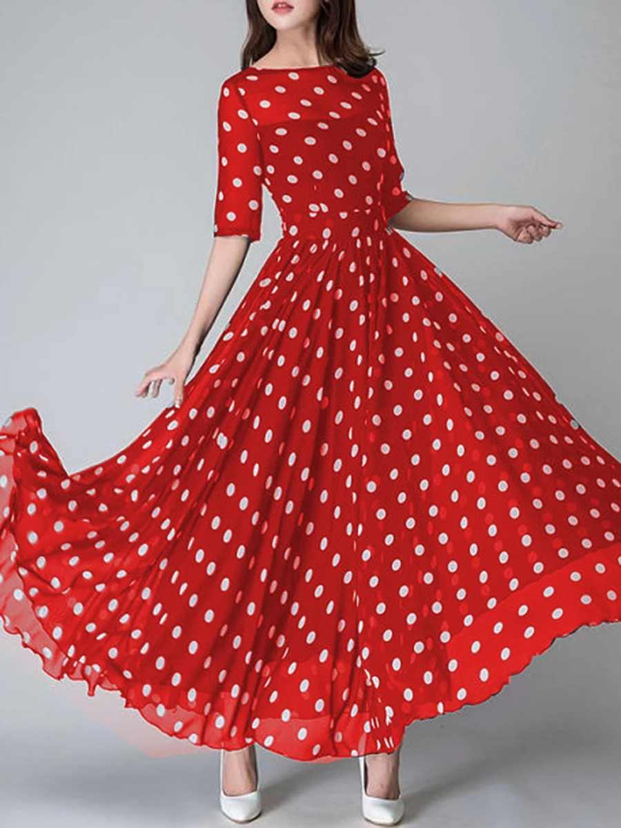 

Long Dress Polka Dot Beach Chiffon Dresses Summer Boho Style Casual Shirt Dress